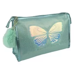 Necessaire feminina metalizada borboleta com pompom com 01 zíper Interponte