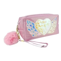 Necessaire feminina metalizada coração com pompom com 01 zíper Interponte