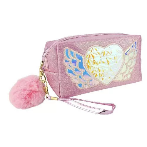 Necessaire feminina metalizada coração com pompom com 01 zíper Interponte