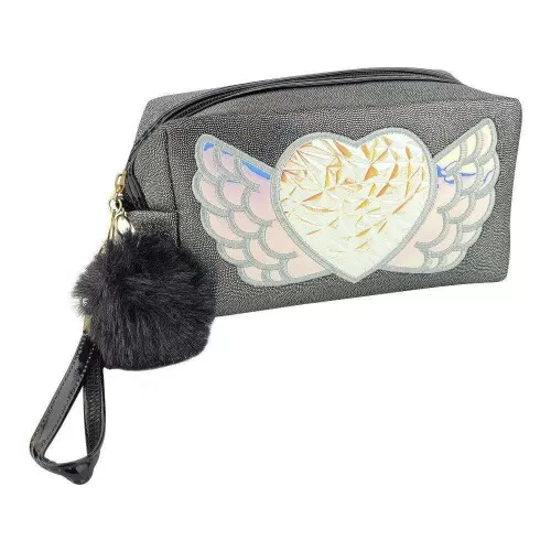 Necessaire feminina metalizada coração com pompom com 01 zíper Interponte