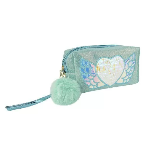 Necessaire feminina metalizada coração com pompom com 01 zíper Interponte