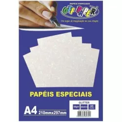 Papel glitter 180g/m² A4 210x297mm branco com 05 folhas Off Paper