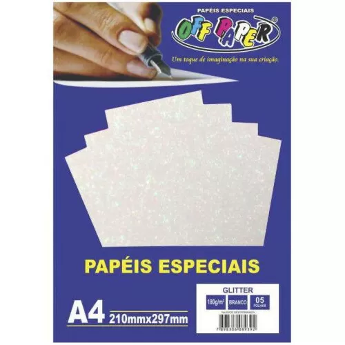 Papel glitter 180g/m² A4 210x297mm branco com 05 folhas Off Paper