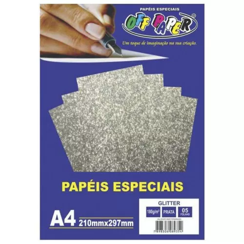 Papel glitter 180g/m² A4 210x297mm prata com 05 folhas Off Paper