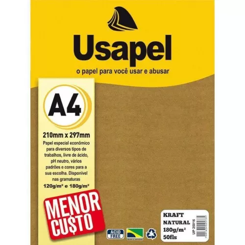 Papel kraft 180g A4 210x297mm natural com 50 folhas Usapel