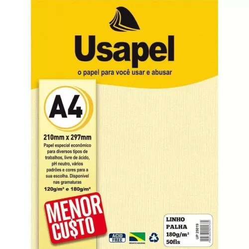 Papel linho 180g/m² A4 palha com 50 folhas Usapel