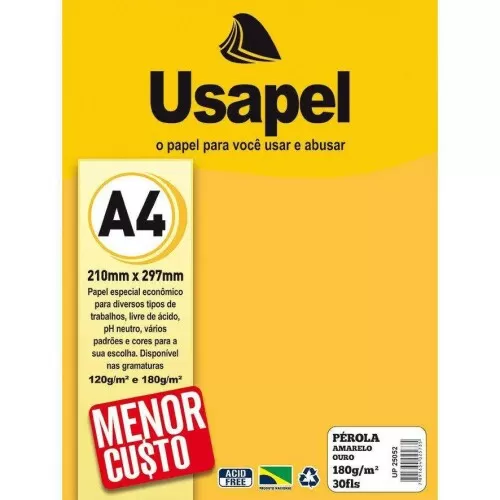 Papel pérola 180g/m² A4 amarelo ouro com 30 folhas Usapel