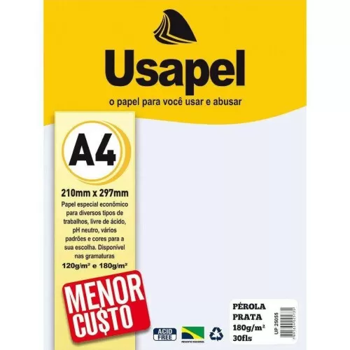 Papel pérola 180g/m² A4 210x297mm prata com 30 folhas Usapel