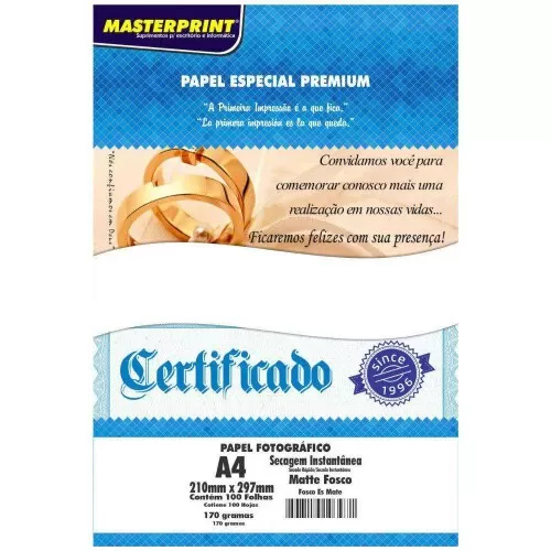 Papel fotográfico matte 170g A4 fosco com 100 folhas Masterprint