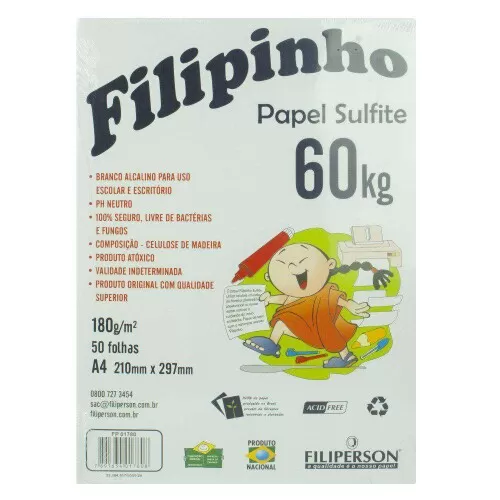 Papel sulfite A4 180g/m² branco com 50 folhas Filipinho