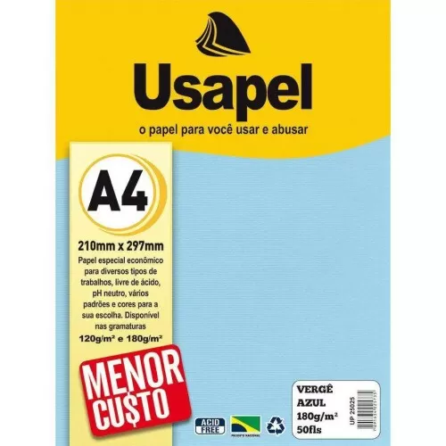 Papel vergê 180g/m² A4 azul com 50 folhas Usapel