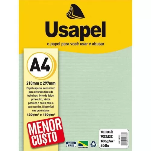 Papel vergê 180g/m² A4 verde com 50 folhas Usapel