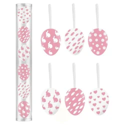 Páscoa ovos decorados de plástico para pendurar branco com rosa 06cm com 06 unidades