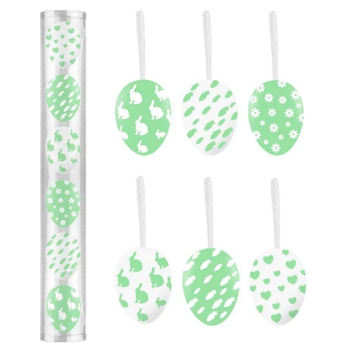 Páscoa ovos decorados de plástico para pendurar branco com verde 06cm com 06 unidades