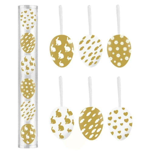 Páscoa ovos decorados plástico para pendurar branco com ouro 06cm com 06 unidades