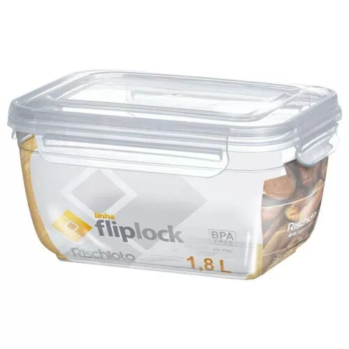 Pote plástico retangular transparente com trava fliplock 1800ml Rischioto