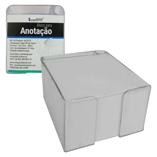 Porta bloco de anotação acrílico com 500 folhas branco 7,5x7,5cm Interponte