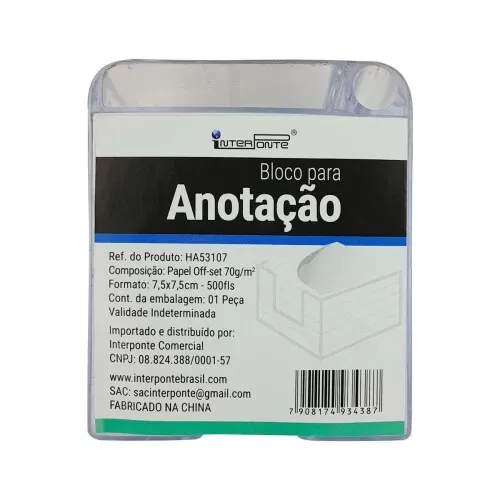 Porta bloco de anotação acrílico com 500 folhas branco 7,5x7,5cm Interponte