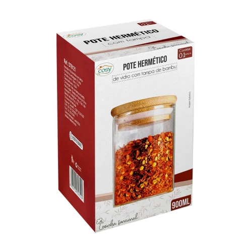 Pote de vidro hermético 900ml com tampa de bambu