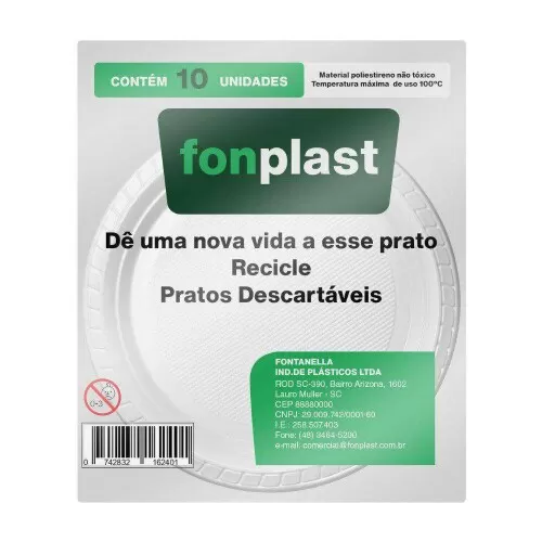 Prato plástico n°18 raso branco pacote com 10 unidades Fonplast