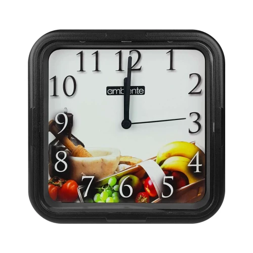 Relógio de parede quadrado 22cm frutas preto Sulclock