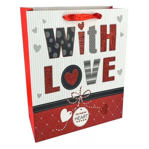 Sacola para presente papel 26x32cm decorada love glitter