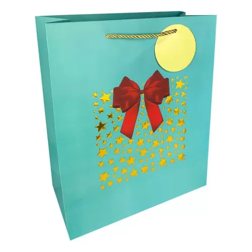 Sacola para presente papel 32cmx26cm decorada laço estrela Amigold