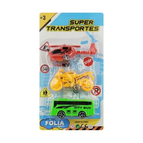 Super transportes plásticos com 03 unidadeas 9cm Folia Imports