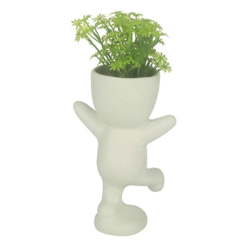 Vaso de cerâmica cabeça corpinho em pé com flor 19cm