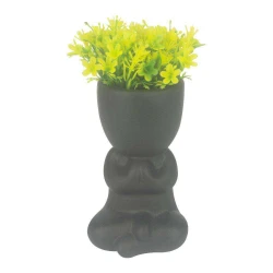 Vaso de cerâmica cabeça corpinho sentado com flor 15cm