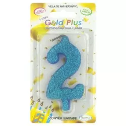 Vela de aniversário grande azul Nº2 Gold Plus