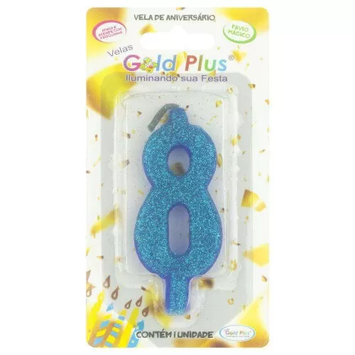 Vela de aniversário grande azul Nº8 Gold Plus