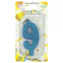 Vela de aniversário grande azul Nº9 Gold Plus