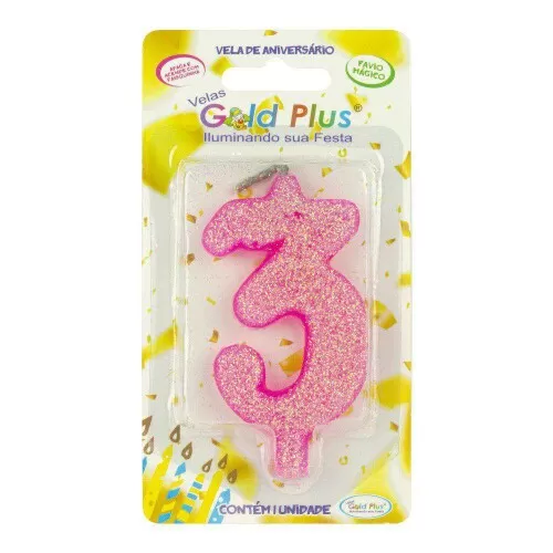 Vela de aniversário grande rosa Nº3 Gold Plus