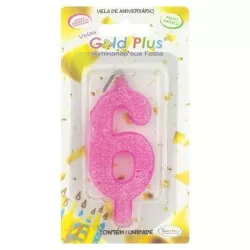 Vela de aniversário grande rosa Nº6 Gold Plus