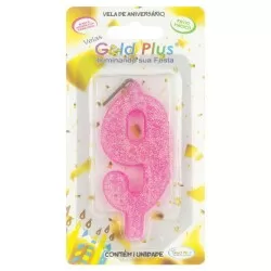 Vela de aniversário grande rosa Nº9 Gold Plus