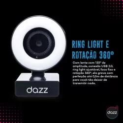 Webcam lux 1080P microfone usb com ring light preta Dazz